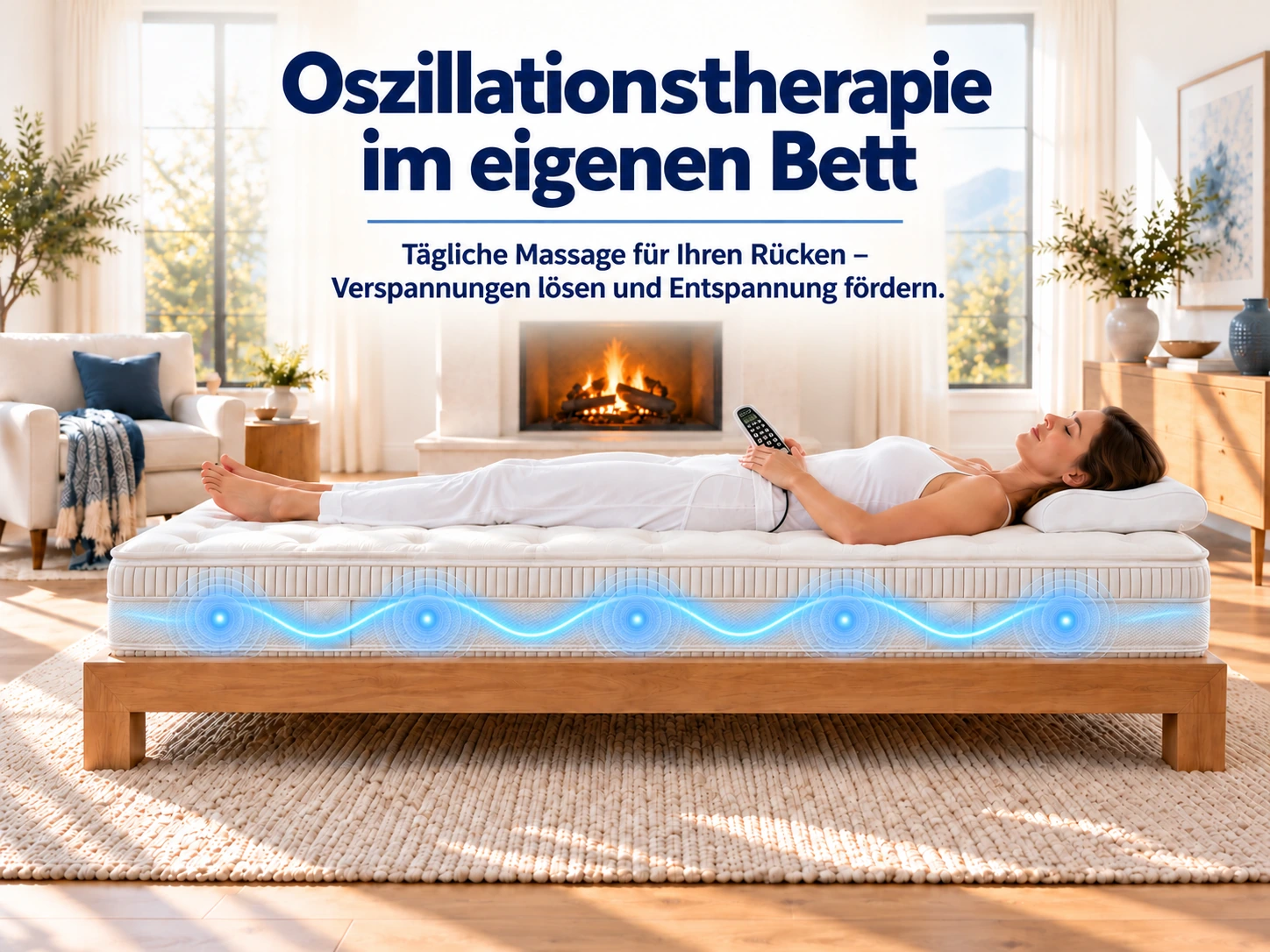 Frau mit Fernbedienung auf einer Matratze mit visualisierter Oszillationsmassage