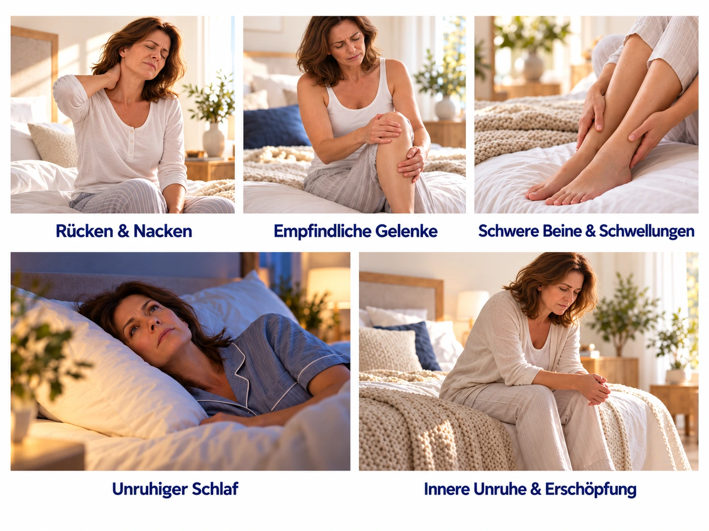 Schlafprobleme: Rücken- und Nackenschmerzen, empfindliche Gelenke, schwere Beine, unruhiger Schlaf und Erschöpfung
